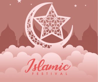 イスラム祭の背景テンプレート暗い雲の星の三日月形の建築のシルエットスケッチ