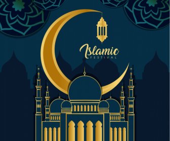 Islam Festival Banner Modelo Elegante Design Escuro Arquitetura Crescente Esboço