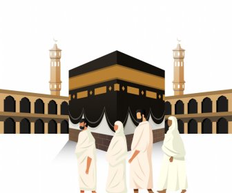 Islam Hajj 순례 배경 신자들 템플릿 3D 만화 스케치