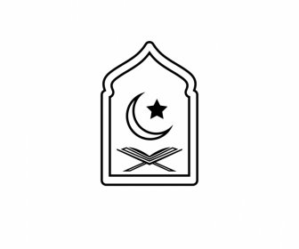 Ikon Tanda Islam Hitam Putih Datar Desain Simetris Bintang Bulan Sabit Garis Besar Kitab Suci