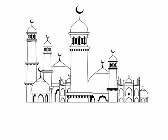 Islamic Castle Architecture Template Black White Classical Outline