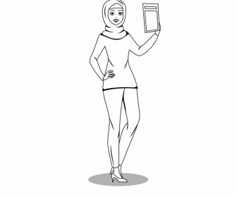 Ikon Wanita Islami Garis Besar Karakter Kartun Hitam Putih