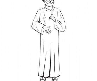 Islamic Man Icon Black White Cartoon Character Sketch