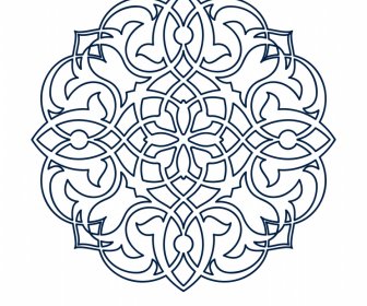Templat Ornamen Islami Lingkaran Bentuk Bunga Simetris Garis Besar