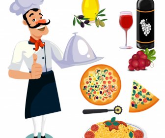 イタリアのデザイン要素シェフの食べ物のアイコンスケッチ