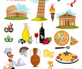 Italy Design Elements Colorful Flat Symbols Sketch