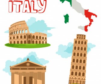 Italien Tourismus Banner Retro Architekturen Flagge Karte Skizze