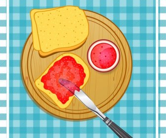 果醬麵包餐具圖標彩色平面設計圖