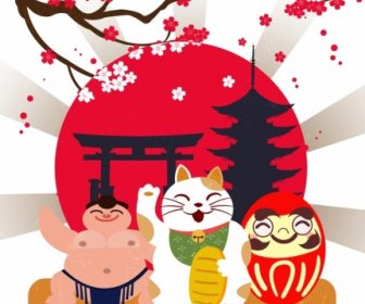 Publicidade Banner Sakura Sumô Gato Sol ícones Do Japão