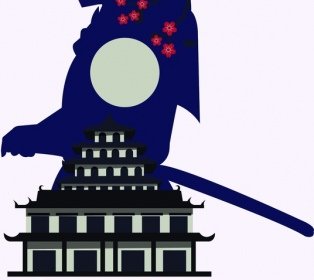 Japan Advertising Banner Samurai Castle Icon Silhouette Decor