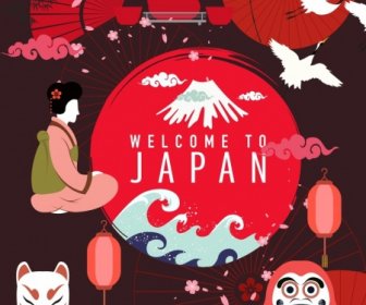 Japonya Reklam Koyu Kırmızı Tasarım Geleneksel Semboller Dekor