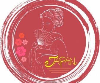 日本広告の伝統的な女性スケッチ赤グランジ装飾