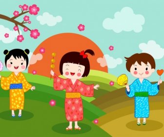 Japão Fundo Crianças Tradicionais Trajes Coloridos Dos Desenhos Animados