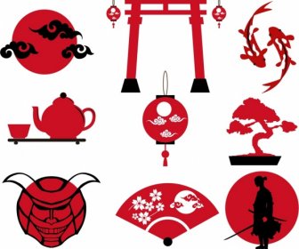 Japonia Elementy Konstrukcji Różnych Czerwony Ikony Kultury
