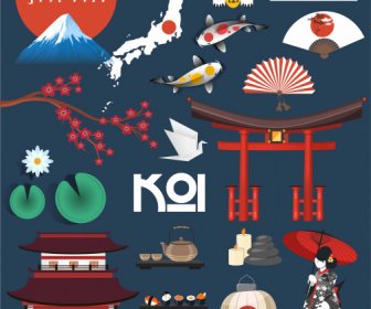 Japão Elementos De Design Retro Esboço Nacional Emblemas