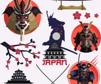 Giappone Elementi Di Design Samurai Spada Icone Ciliegia