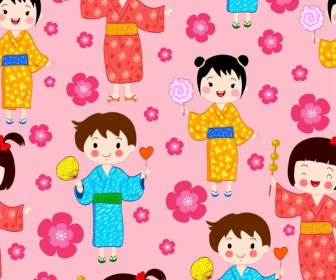 ícones De Menina Menino Tradicional Japonês Fundo Repetindo Projeto