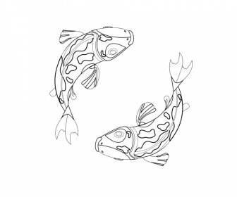 Ikon Ikan Koi Jepang Garis Besar Gambar Tangan Putih Hitam Dinamis