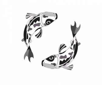 일본 잉어 물고기 아이콘 다이나믹 플랫 블랙 화이트 손으로 그린 윤곽선