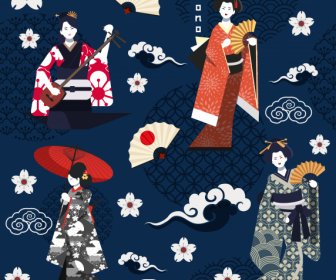 Template Pola Jepang Klasik Kimono Awan Sakura Sketsa