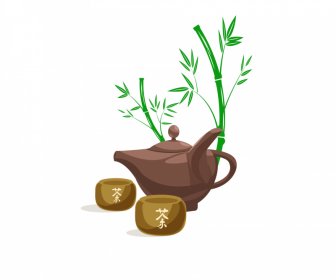 Chá Japonês Conjunto ícone Bambu Copo Pote Esboço