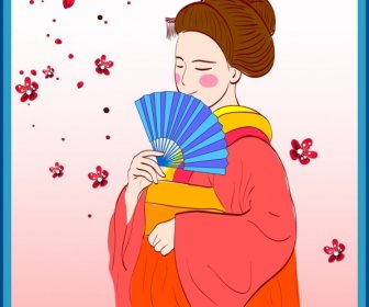 Wanita Jepang Ikon Berwarna Kartun Desain Kostum Tradisional