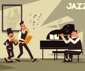 Personnages De Dessins Animés Accompagnement De Jazz Musique Bande Icône