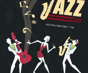 Bandiera Di Jazz Esecutori Musica Note Icone Su Fondo Scuro
