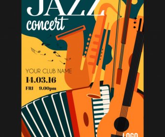 Jazz Concert Poster Cụ Sketch đầy Màu Sắc Phẳng Cổ điển