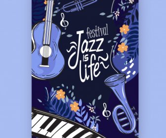 Jazz Bannière Festive Classique Instruments Sombres Décor De Flore