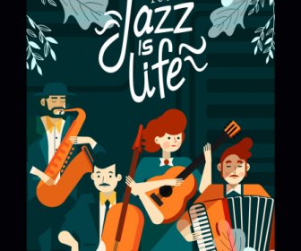 Jazz Festliche Banner Orchester Skizze Zeichentrickfiguren