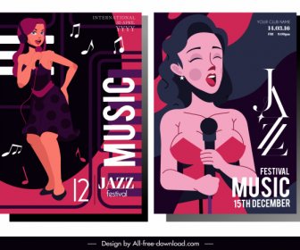 Jazz Música Banners Cantante Femenina Sketch Diseño Clásico
