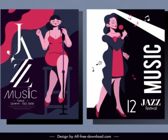Jazz Música Banners Señora Cantante Sketch Diseño Clásico