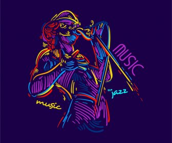 Jazz-Musik-Ikone Retro Bunte Handgezeichnete Skizze