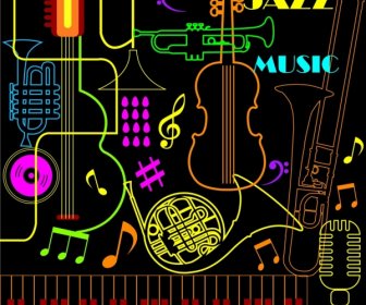 Alat Musik Jazz Latar Belakang Neon Warna-warni Dekorasi