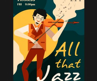 爵士乐党海报小提琴家图标五颜六色的经典设计
