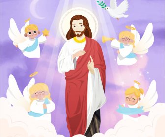 Yesus Kristus Di Surga Dengan Malaikat Latar Belakang Template Desain Kartun Lucu