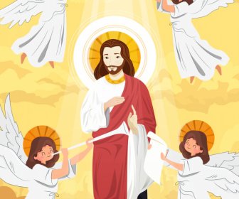 Yesus Kristus Di Surga Dengan Malaikat Latar Belakang Template Desain Kartun Elegan