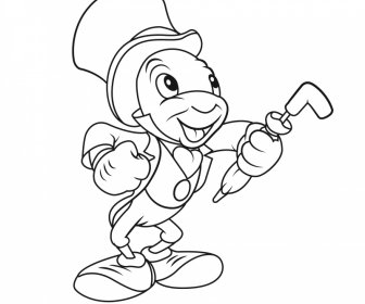 Jiminy Cricket Icon Hitam Putih Handdrawn Sketch Karakter Kartun Lucu