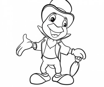 Jiminy Cricket ikon hitam putih sketsa karakter kartun handdrawn