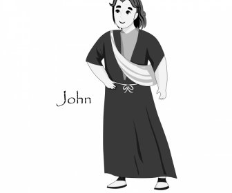 John Apôtre Christian Icon Noir Blanc Rétro Cartoon Personnage Croquis