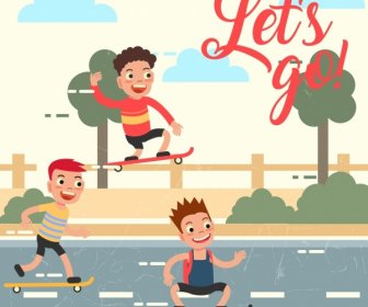 Menyenangkan Anak Laki-laki Menggambar Kartun Berwarna Rollerskating Olahraga
