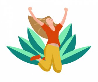 Joyful Jumping Woman Icon Dynamic Cartoon Character Sketch