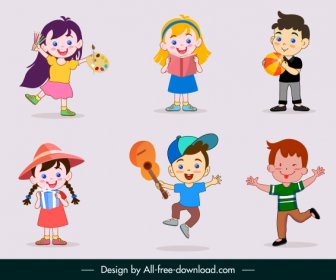 Joyful Kids Icons Cute Cartoon Characters Sketch