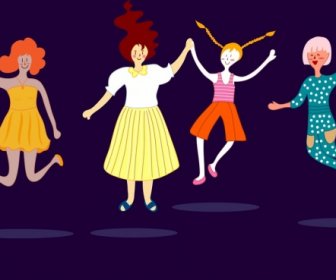 Joyful Women Icons Cartoon Characters Colored Design