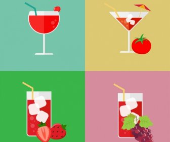 Juice Cocktail Icons Various Fruit Decoration Colorful Isolation