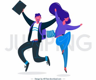 Jumping People Icons Colored Cartoon Sketch