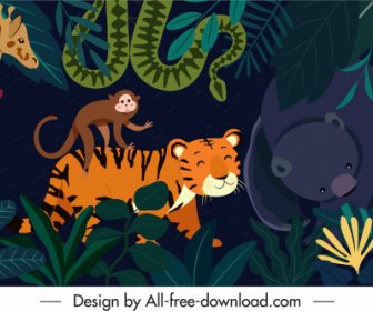 叢林背景五顏六色的動物人物人物素描