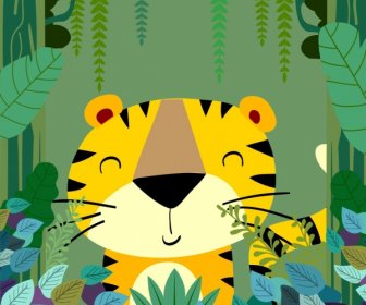 Jungle Drawing Stylized Tiger Icon Multicolored Cartoon Design