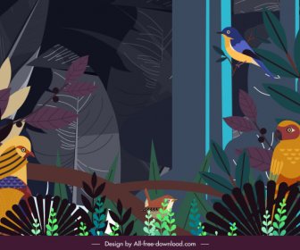 A Pintura Da Selva Os Pássaros Escuros Coloridos árvores Decoração